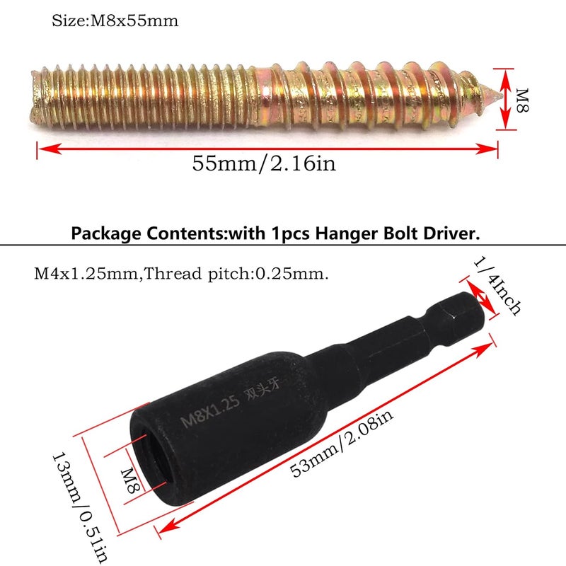 DGZ 10Pcs Hanger Bolts Double Headed Bolts Kit,with (M8x1.25mm) Hanger Bolt Driver, Hanger Bolts for Wood Furniture(M8x55mm) - Image 3